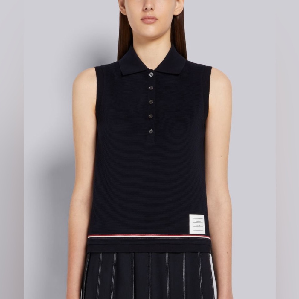 Thom Browne Navy Cotton Ottoman Rib Stripe Trim Sleeveless Polo